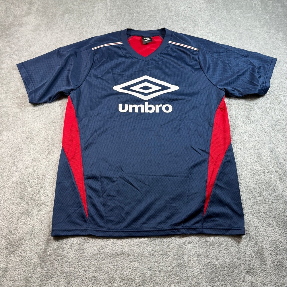 Vintage Umbro Futbol Jersey Men Large Navy Blue V-Neck Short Sleeve Big Logo Y2K
